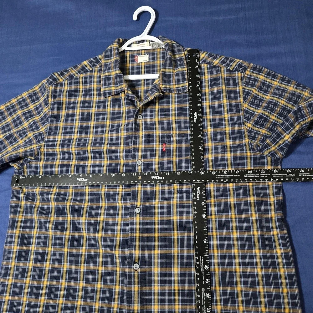 Levi's Shirt Mens Large Blue Yellow Plaid 100% Cotton Relaxed Fit Short Sleeve‎